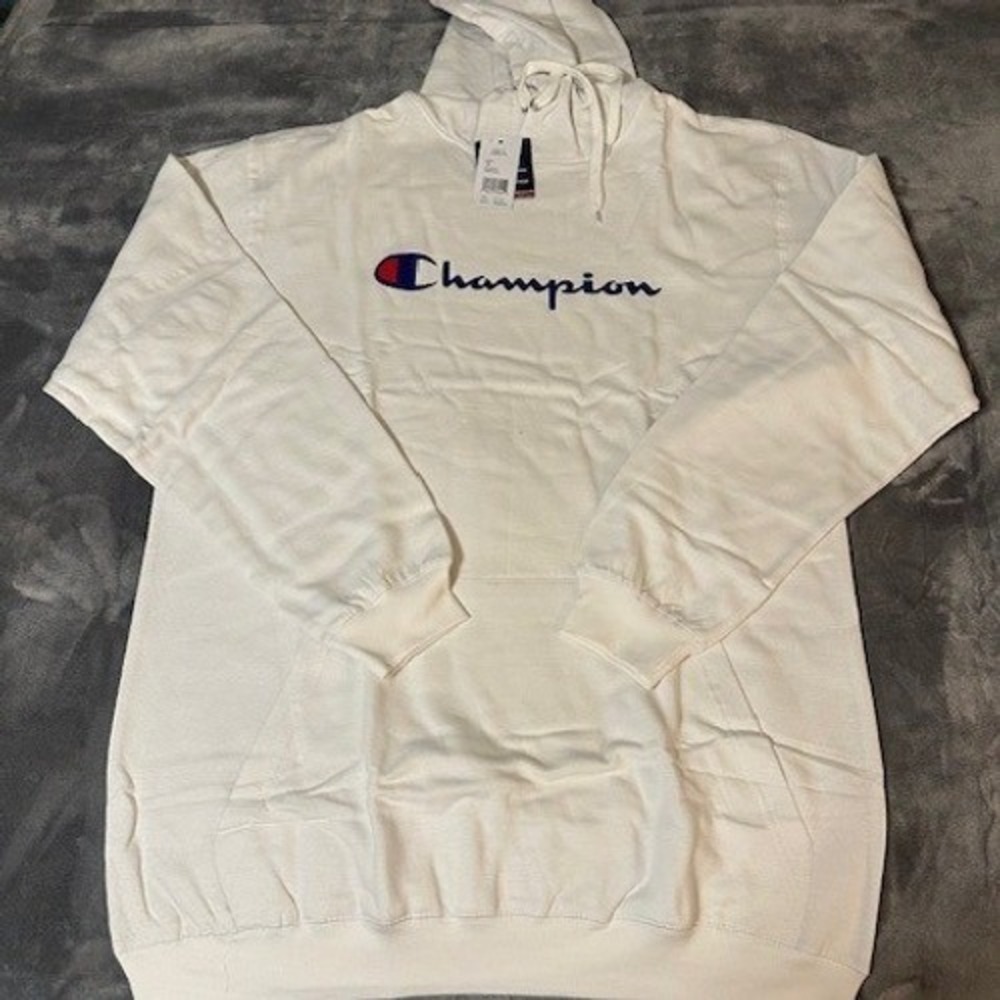 Champion Mens XLT White Script Logo Long Sleeve Hooded T-Shirt NWT